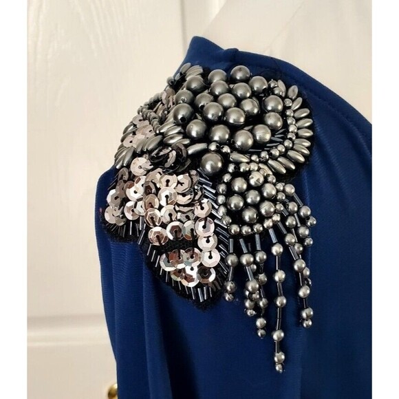 Serena Williams Signature Statement Dress Blue Accent Beaded Shoulders Sz M EUC - Picture 2 of 7